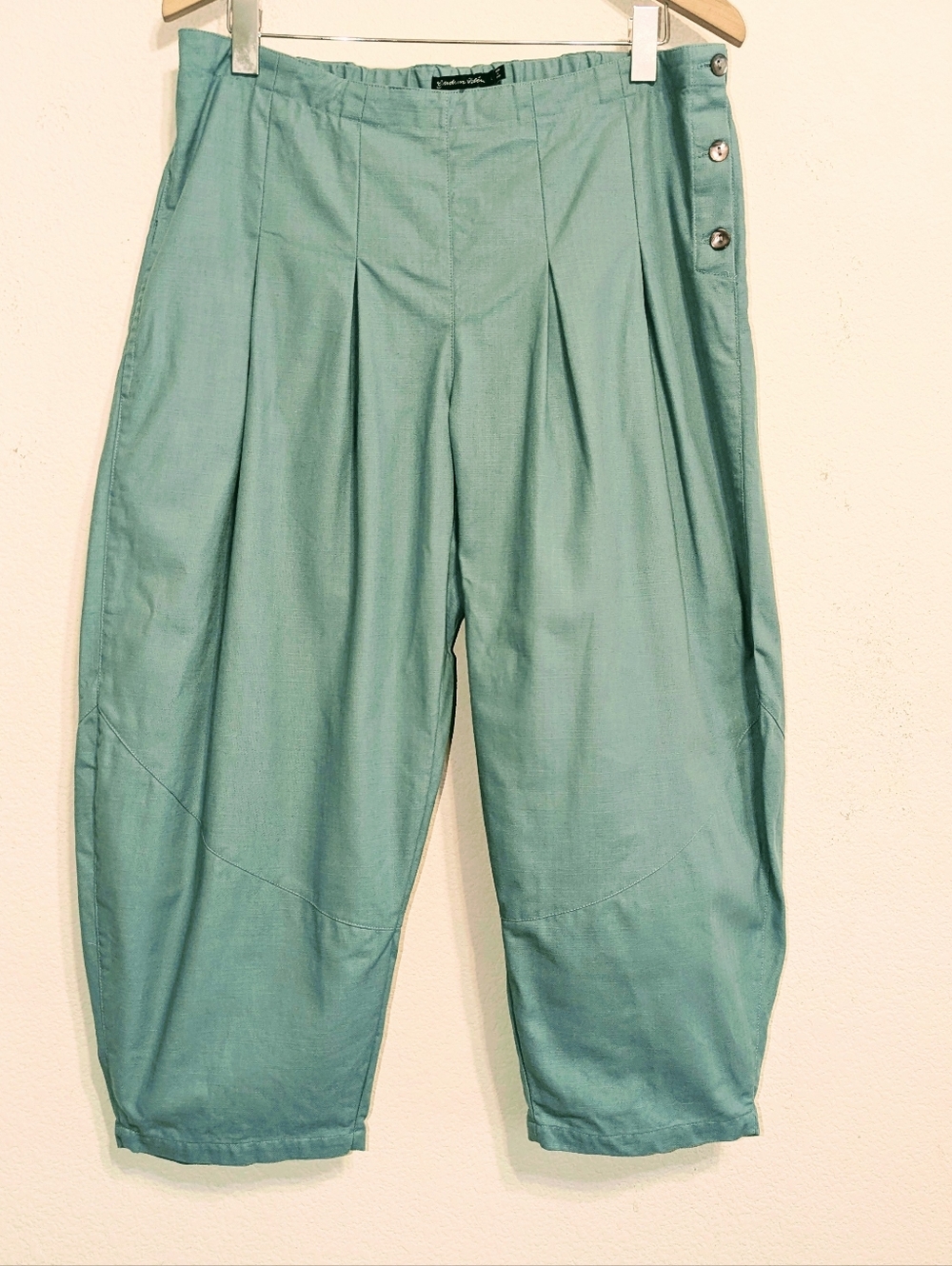 Gudrun Sjoden Cotton Pleated Pants Size L Light Green Barrel Leg Lagenlook